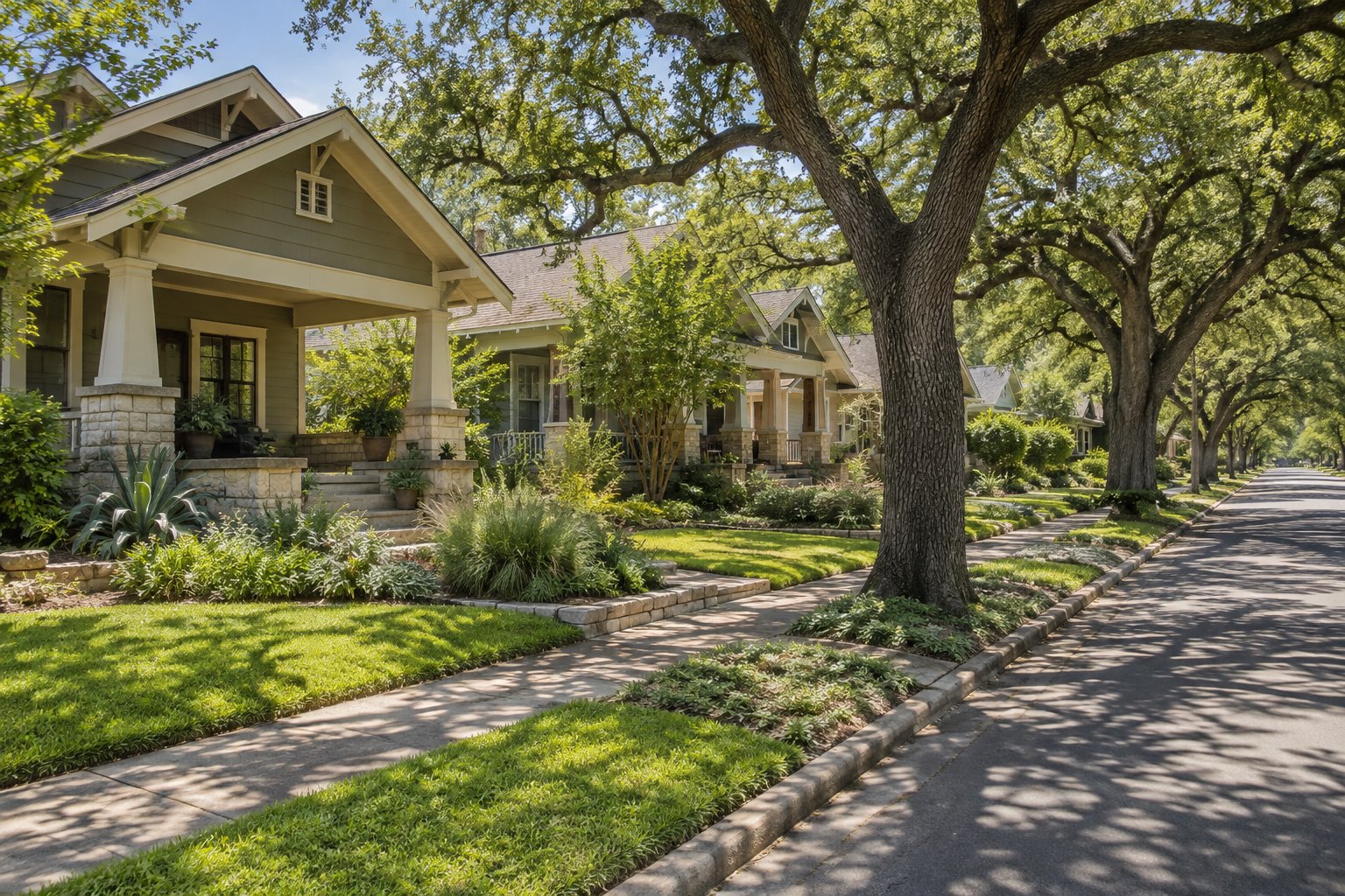A craftsman home under live oaks, illustrative