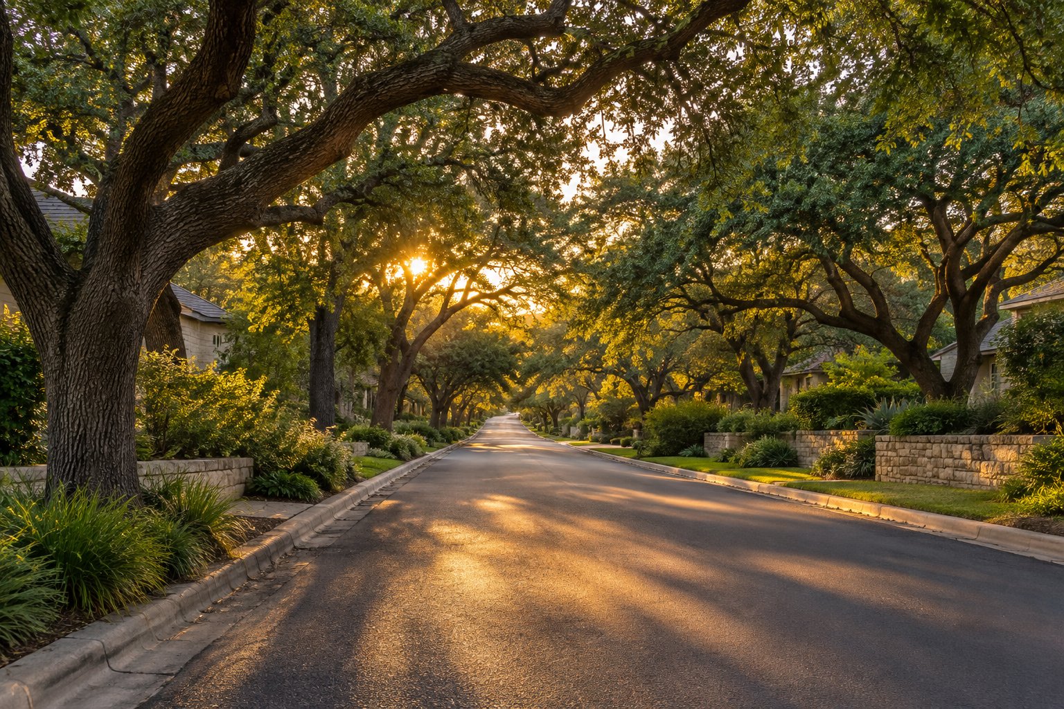 An oak lined Austin street at sunset, illustrative