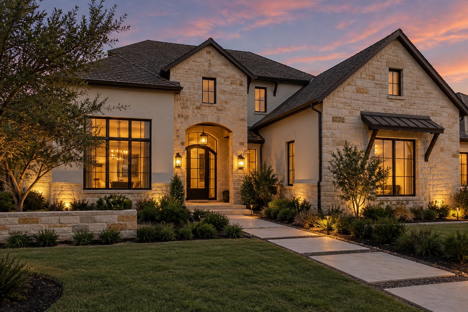 Limestone homes on an oak lined Austin street, illustrative