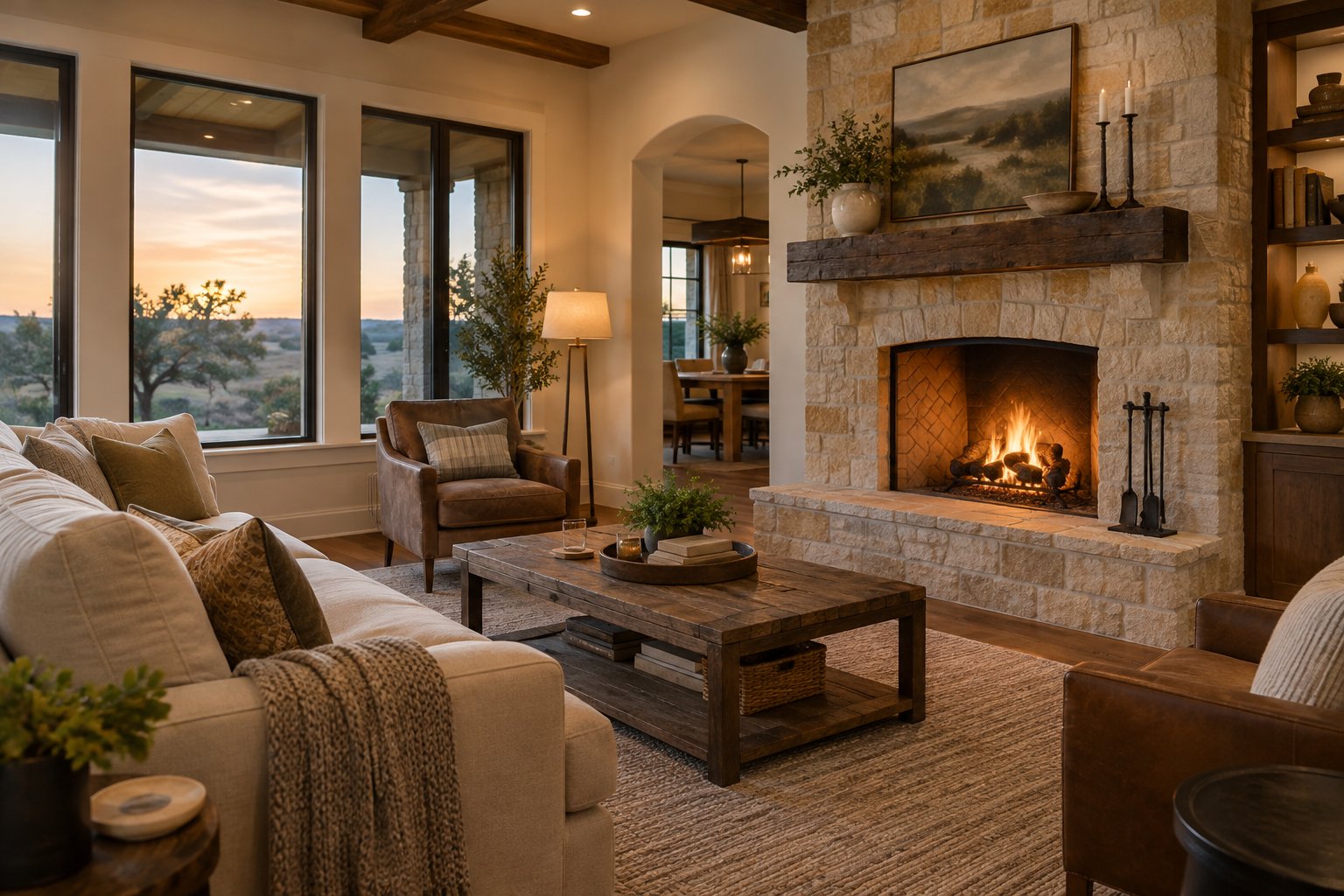 A sunlit family room, illustrative