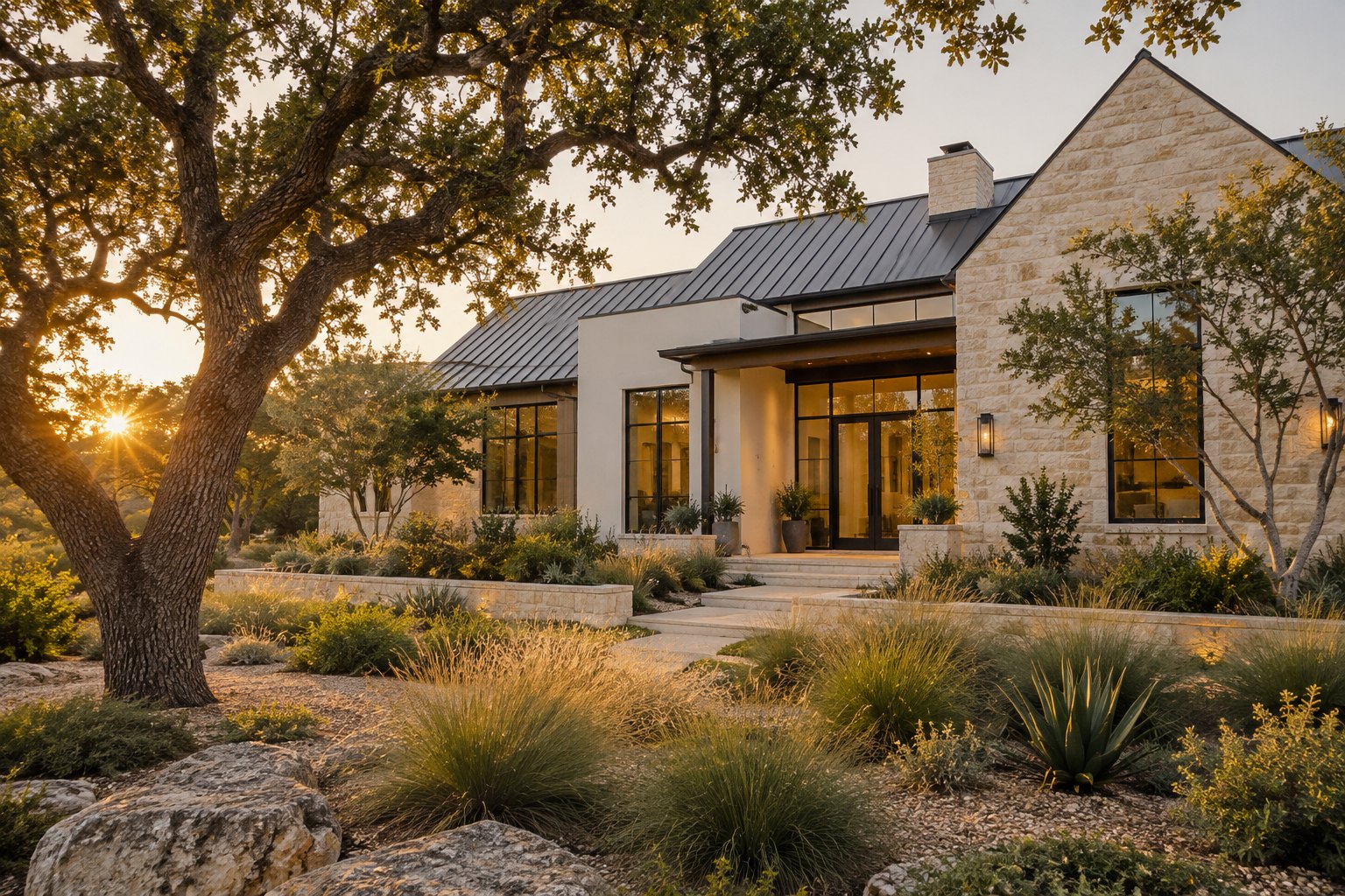 A Texas limestone home at sunset, illustrative